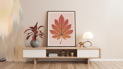 Minimalist Autumn Interior Design with Red Leaf Art on a Wooden Shelf. 

