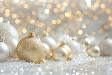 Shimmering silver and gold Christmas ornaments rest on a sparkling surface, illuminated by warm, blurred lights in the background, creating a festive atmosphere ideal for holiday celebrations
