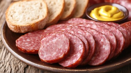 Obraz premium Sliced Sausage with Bread and Mustard on Plate