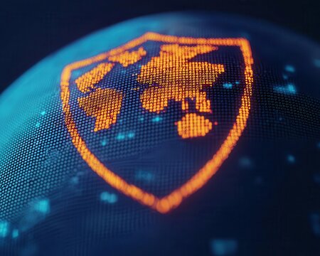 An abstract globe covered in glowing privacy shields, representing global data protection laws and regulations safeguarding personal information