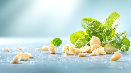 Fresh macadamia nuts and green leaves on a blue background.