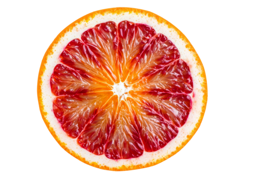 Sliced blood orange showcasing its vibrant red and orange hues, isolated on transparent background.