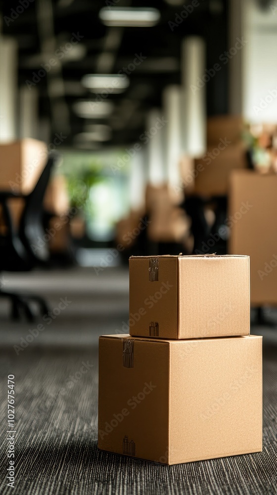 Poster empty office space with stacked cardboard boxes