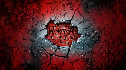 Cracked red and grey wall with the word horror written on a brick wall inside, a spooky Halloween background. 
