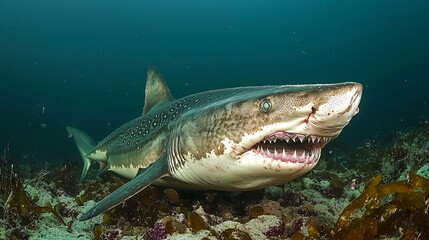 A shark swimming among underwater vegetation.