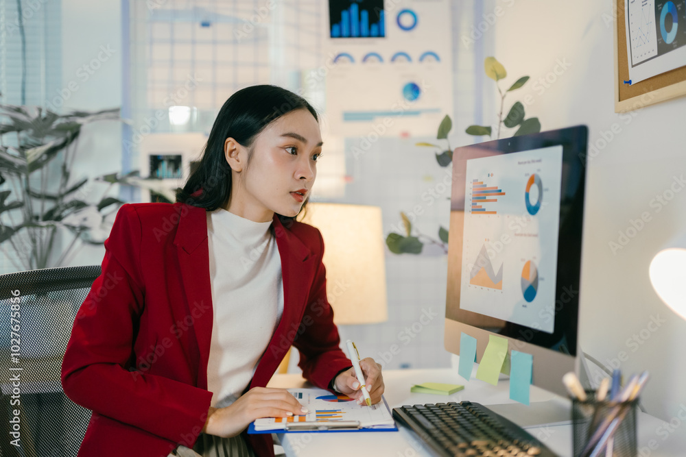 Aufkleber young professional woman is reviewing data and working with financial charts on her computer and not