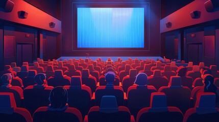 In a cozy movie theater, audience members relax in comfortable seats while enjoying a film on a large screen at dusk. Generative AI