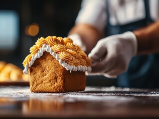 Decorating a gingerbread house with frosting