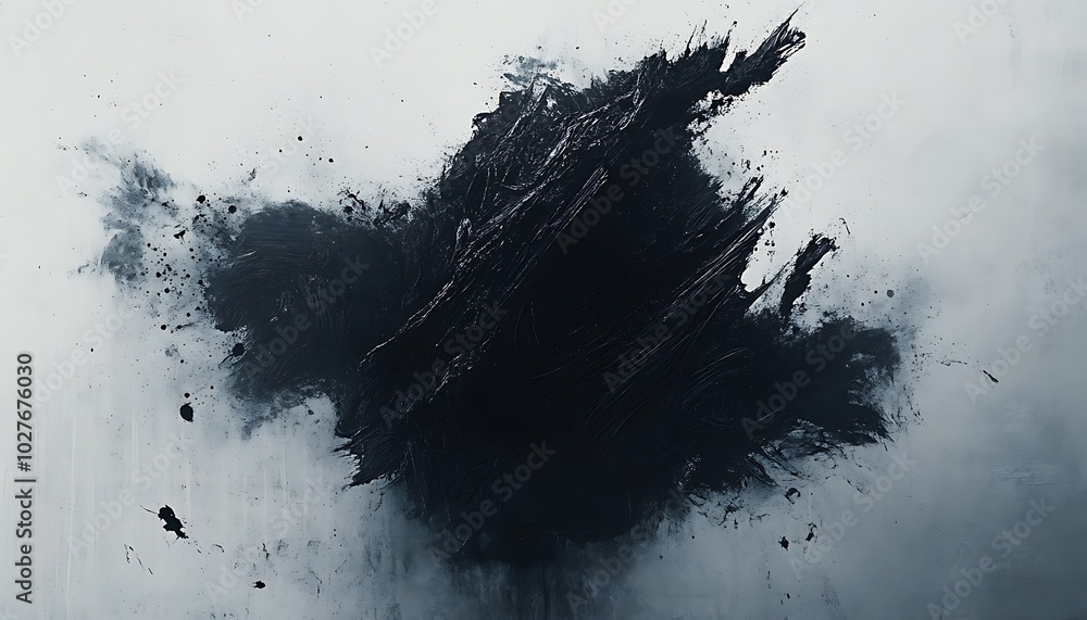 Poster abstract dark ink blot on a light background, evoking a sense of mystery and artistic expression.