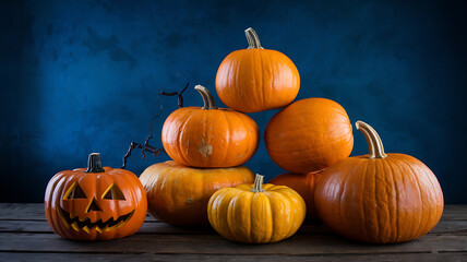 Orange pumpkins on a wooden table with a blue background, Halloween decorations. 
