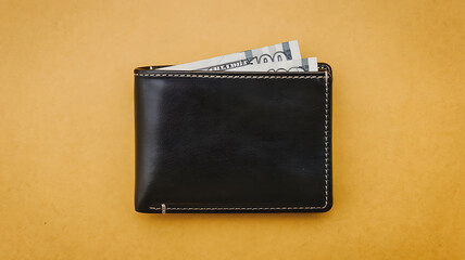 Black leather wallet with cash on yellow background minimalist finance concept. 
