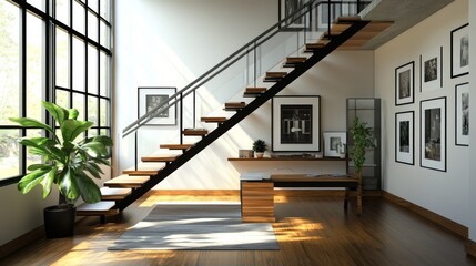 Obraz premium Modern interior design with wooden staircase, large windows, and framed photos.