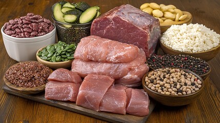 A variety of food sources of protein, including meat, beans, nuts, and seeds, arranged on a wooden table.