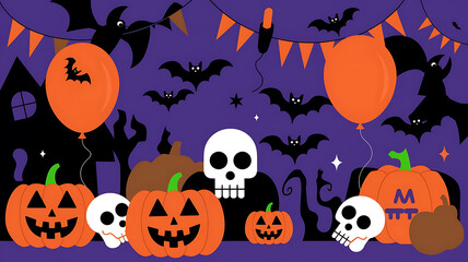 Orange pumpkins, black bats, and a skull on a purple background, Halloween party decorations. 
