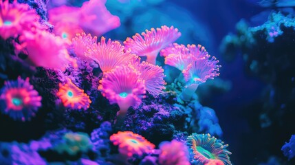 Obraz premium Neon coral glowing in vibrant colors underwater, lighting up the surrounding ocean with a surreal pink and blue glow