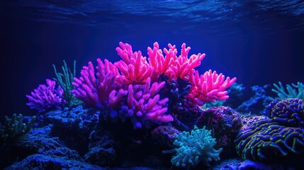 Obraz premium Neon coral glowing in vibrant colors underwater, lighting up the surrounding ocean with a surreal pink and blue glow