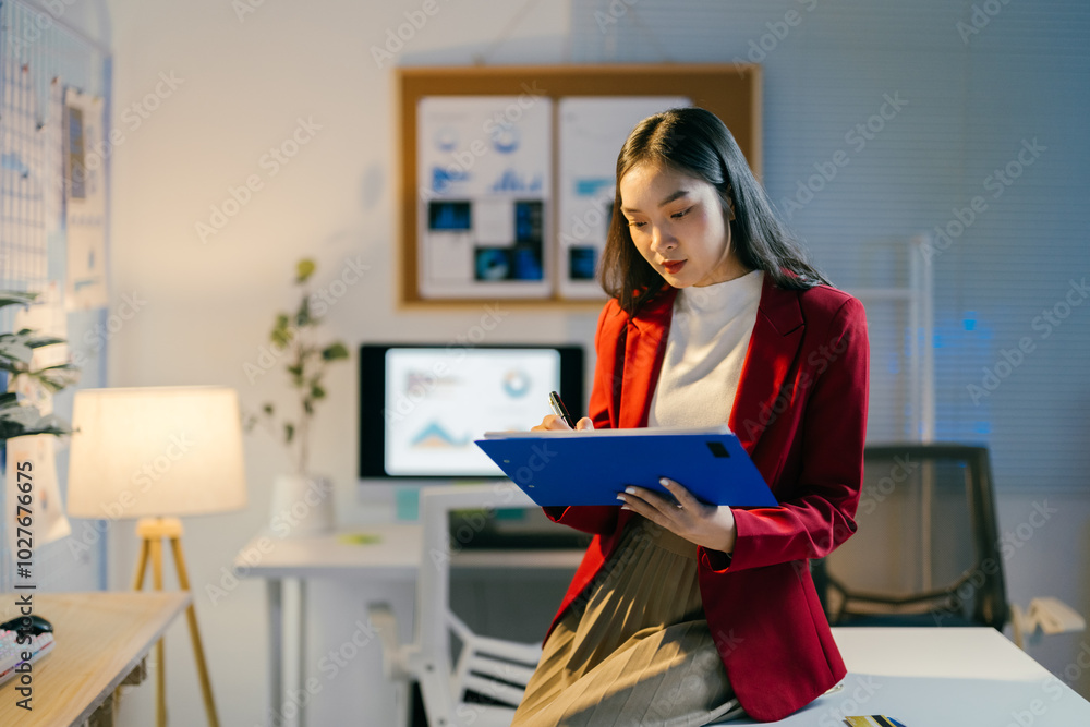 Poster young manager is working late, sitting on her desk and reviewing documents. she is illuminated by th