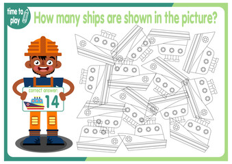 Count how many ships are hidden in the picture. How many objects are there in the picture? Educational game for children. Colorful cartoon characters. Funny vector illustration