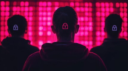 A group of hackers trying to break through a glowing wall of encrypted data, but constantly being blocked by security symbols