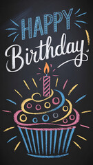 Chalkboard Birthday Cupcake with Blue and Yellow Colors Happy Birthday Celebration Design 
