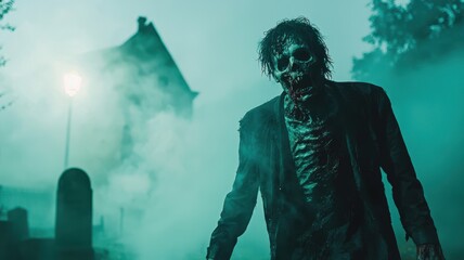 Eerie zombie figure emerging from misty graveyard at night.