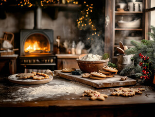 Cozy Rustic Christmas Cookie Baking with Homemade Spiced Treats, Illuminated by Christmas Lights in a Festive Kitchen – Close-Up Still Life of Dough, Icing, and Traditional Holiday Ornaments