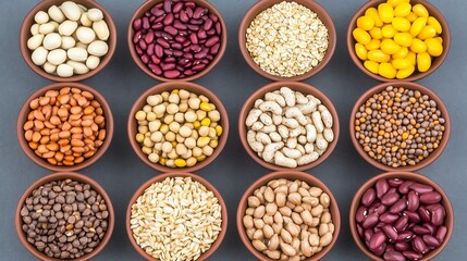 Fototapeta premium Assortment of various beans, grains, and legumes in small bowls on a gray background.