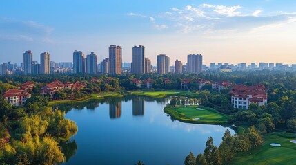 Naklejka premium Aerial View of City Park with Urban Landscape