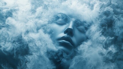 Ethereal face emerging from blue smoke, creating a mystical and serene atmosphere.