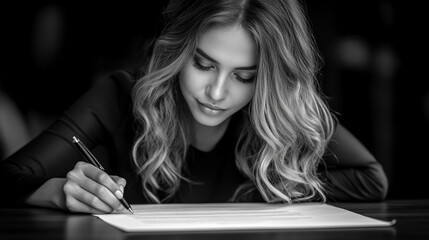 businesswoman’s hand points decisively at a document, symbolizing focus and determination. Her attention to detail emphasizes professionalism and the drive for success in the corporate world