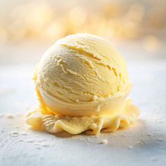 A scoop vanilla bean ice cream with subtle golden hues of morning light on a clean white background
