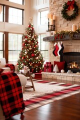 a living room decorated for christmas with red and black plaid furniture