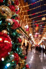 a christmas tree is in the middle of a mall