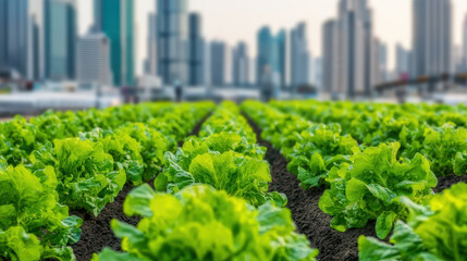 Urban farming showcases vibrant green lettuce rows thriving in high tech cityscape, blending nature with modern architecture. This innovative approach highlights sustainability and fresh produce