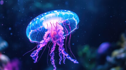 Obraz premium A glowing neon jellyfish drifting in deep water, its electric blue and purple tendrils casting a soft glow in the darkness