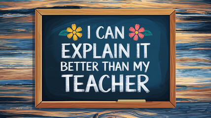 Chalkboard with yellow and red flowers, funny quote about teacher, back to school design. 
