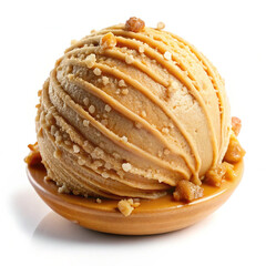 A scoop of salted caramel ice cream with rich,golden-brown tones,isolated on a crisp white background