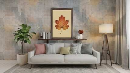 Autumnal living room decor beige orange maple leaf print fall interior design.

