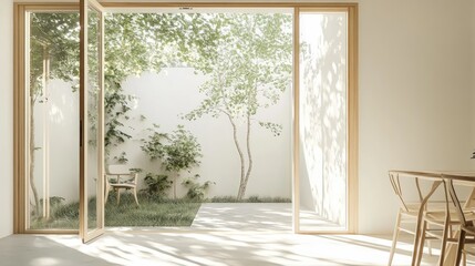 Open wooden french doors lead to a small, minimalist patio with lush greenery and a white wall, overlooking a spacious dining room.