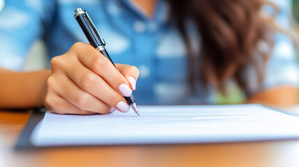 businesswoman’s hand points decisively at a document, symbolizing focus and determination. Her attention to detail emphasizes professionalism and the drive for success in the corporate world