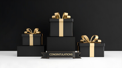 Black and gold gift boxes with elegant ribbon on black background, celebrating achievement and success. 
