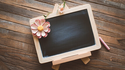 Blackboard with pink flower and chalk on rustic wood background, perfect for spring and summer projects. 
