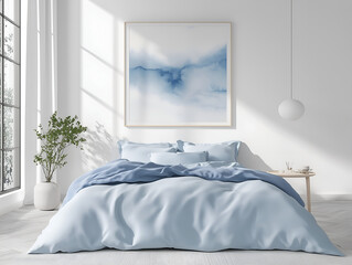 Minimalist Bedroom with Light Blue Bedding and White Walls