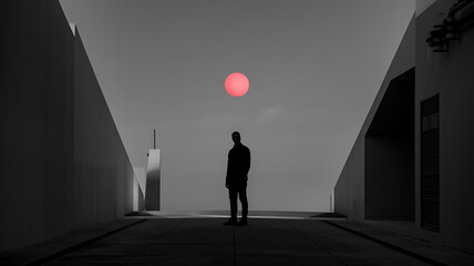 Black and white silhouette man red sun minimalist architecture modern design. 
