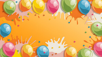 Colorful balloons and paint splatters on orange background, perfect for birthday or celebration design. 

