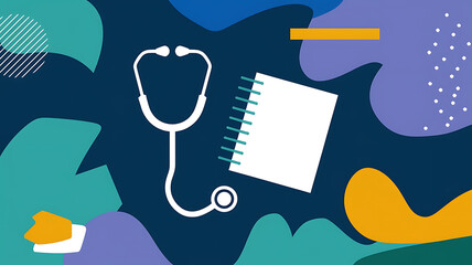 White stethoscope and notebook on blue background with green and yellow abstract shapes for medical and healthcare concepts. 
