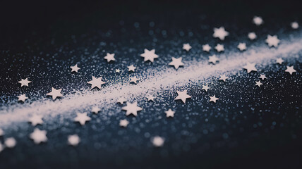 White stars on a black background with glitter, a festive and magical winter holiday design. 
