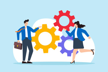 Flat illustration of businessman and businesswoman work together on gear cogwheel representing teamwork and employee collaboration for success
