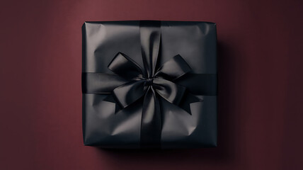 Black gift box black ribbon maroon background minimalist elegant mysterious holiday gift
