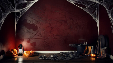 Spooky Halloween room decor with orange pumpkins and a red wall. 
